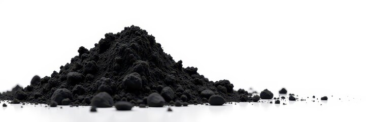 Crumbled black powder mound, stark white backdrop , granular, backdrop