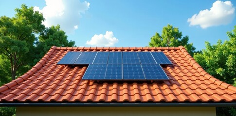 Eco-friendly tiled roof with integrated solar panels, solar power system, building