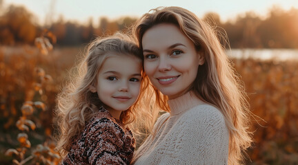 Fototapeta premium a mother with her daughter, enjoying the sunset on the meadow, celebrating Women's Day