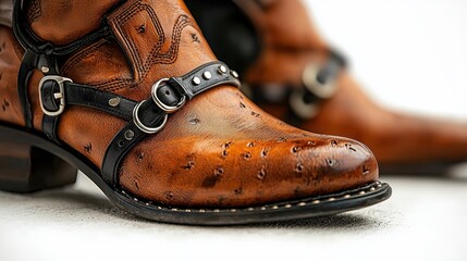Close-up of stylish brown leather cowboy boots with decorative details.