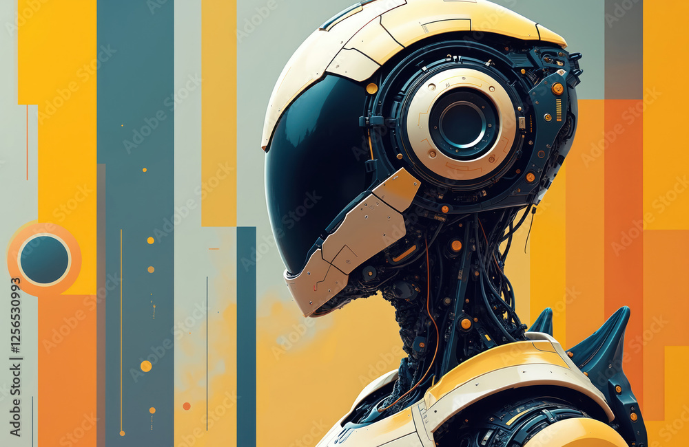 Aufkleber illustration of futuristic robot with abstract geometric background elements. digital art collage de