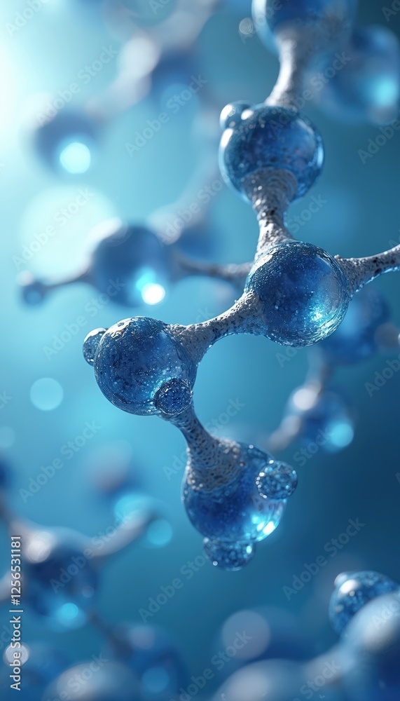 Poster close-up of blue molecular structure with bubbles on abstract background. chemical reactions, intera