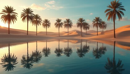 Fototapeta premium Palm trees stand near water reflecting sand dunes and sky. Tropical island landscape with calm lake or river. Summer vacation in desert oasis with palm tree forest.