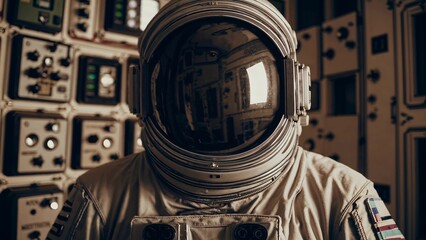 Spacesuited astronaut navigating spaceship control room, carefully monitoring intricate panels and advanced instruments during critical space mission exploration