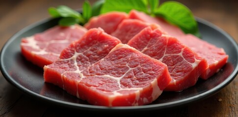 Raw beef slices, marbled texture, arranged on a plate, gastronomy, meat, protein