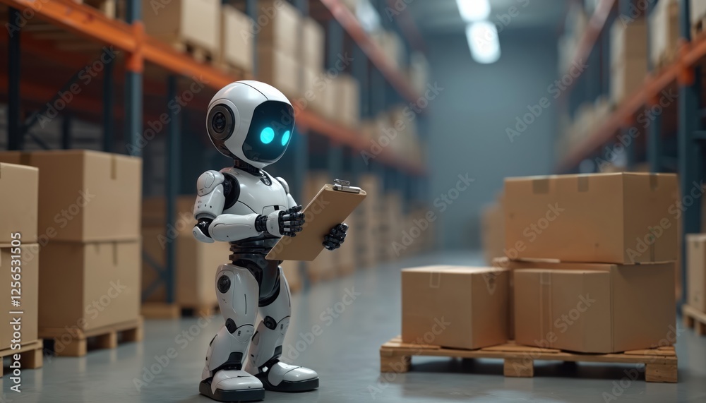Poster illustration of robotic warehouse worker checking goods on clipboard. robot sorts, packs items in bo