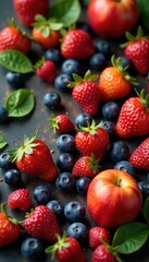 Fototapeta premium Scattered summer fruits, rich tones & textures , delicious, texture, closeup