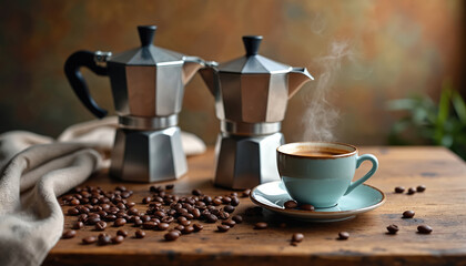 Vintage coffee setup with classic moka pots, cup of brewed coffee and roasted beans on a rustic wooden table. Comforting hot espresso drink is served. Freshly prepared traditional beverage concept.