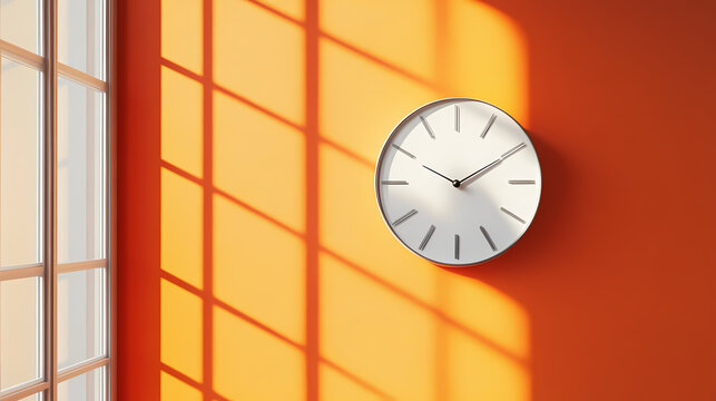 Time flies: a minimalist white analog clock hangs against a vibrant orange wall, its hands frozen in time, casting long shadows in a spacious room. Frozen Time. Illustration