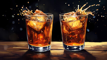 Two glasses of amber liquid with ice cubes, one with a splash of liquid frozen in time, set on a rustic wooden table against a dark backdrop. Frozen Time. Illustration