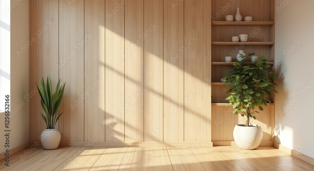 Poster 3d illustration of empty room with wood panel wall. wooden floor, plant in pot, and light from windo