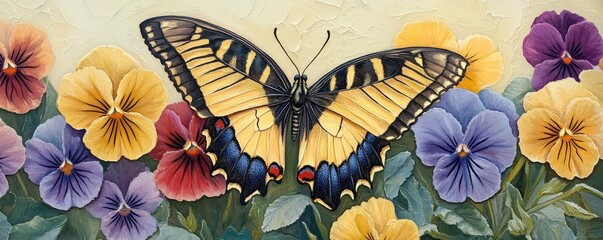 Swallowtail butterfly resting on vibrant pansies in a colorful garden scene