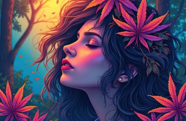 Illustration of girl with cannabis leaves in hair, forest background. Psychedelic spiritual journey concept with shamanic meditation, consciousness theme. Colorful art for wallpaper, prints,