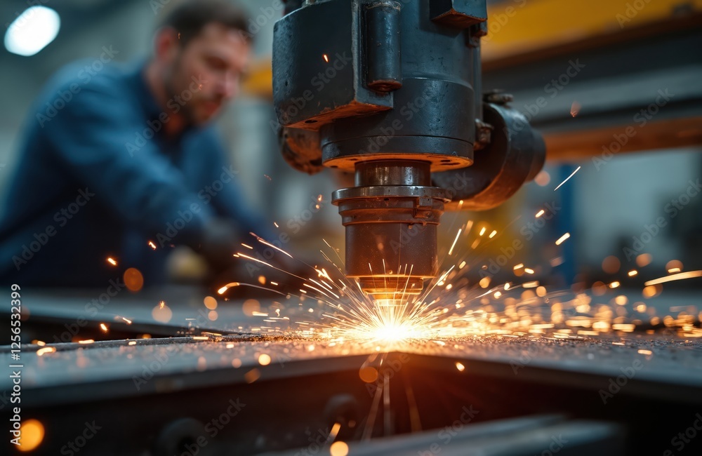Poster Selective focus on modern tech laser plasma cutting of metal at metalworking factory. Sparks from laser machine. Metalwork manufacture with worker on background. Automated automobile industry