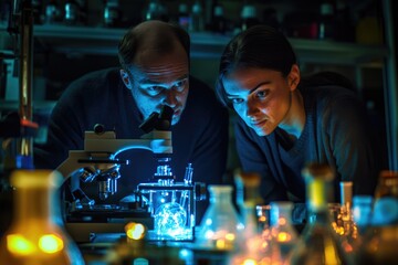Two scientists intently examine a sample under a microscope in a dimly lit laboratory setting.