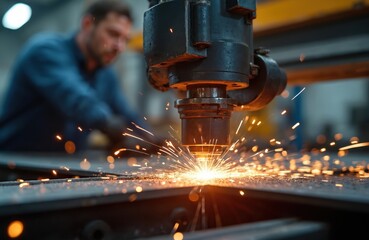 Selective focus on modern tech laser plasma cutting of metal at metalworking factory. Sparks from laser machine. Metalwork manufacture with worker on background. Automated automobile industry