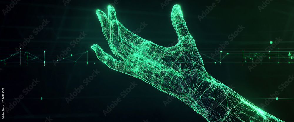 Fototapete futuristic digital hand in a wireframe style with glowing neon lines against a dark background, repr