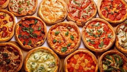 Fototapeta premium Delicious assortment of pizzas displayed on a table at a casual dining setting