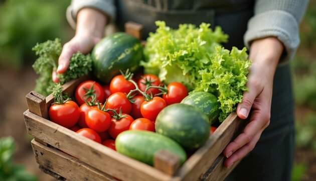 Close up illustration of hands holding wooden crate with fresh tomatoes, watermelons and lettuce. Concept of ecological farming, harvesting, local market produce, healthy nutrition, farmer lifestyle.