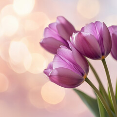 Obraz premium Purple tulips on light blurred background, copy space, minimalistic floral banner for spring holiday, international women's day. Concept background tulips background.