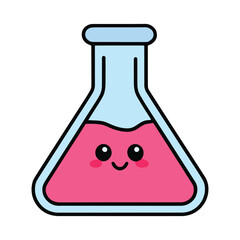 Kawaii chemistry lab flask vector illustration. Cute smiling flask with liquid inside, isolated on white background. Perfect for science, education, and school designs.