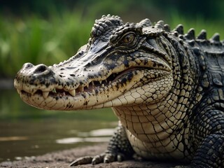 Fototapeta premium Fierce Crocodile Close-Up in Freshwater Habitat Wildlife Photography