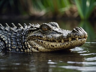 Obraz premium Fierce Green Crocodile Close-Up Portrait in Freshwater Habitat Wild Nature Photography