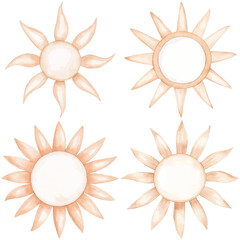 Bright blue sun watercolor hand drawn set collection