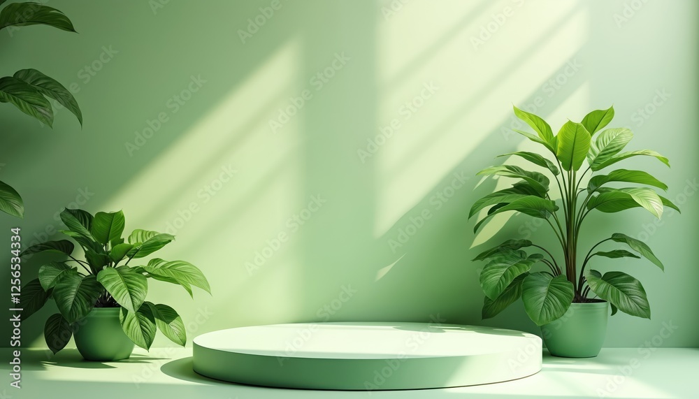 Poster green plants near round podium in sunlight minimalist scene. circle platform on background for wallp