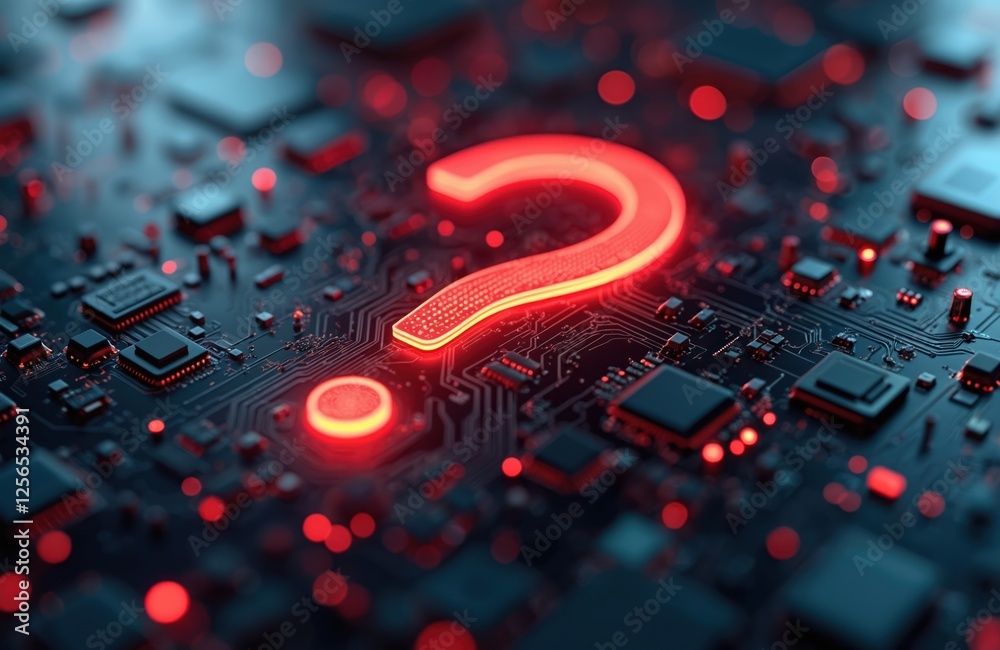 Poster 3d render of question mark on circuit board. abstract tech backdrop illustrates computing, engineeri