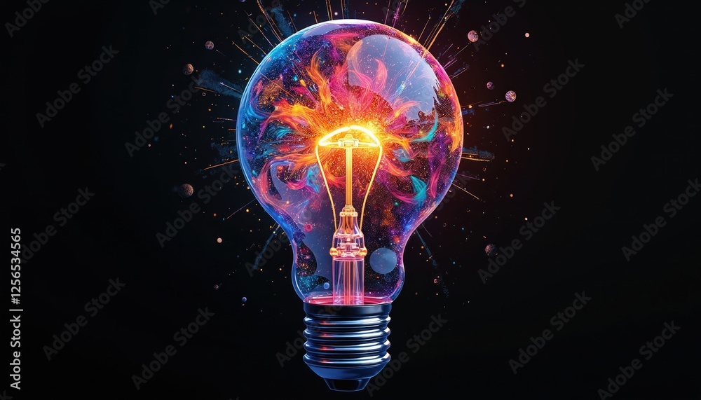 Aufkleber Illustration of lightbulb filled with abstract colorful shapes, sparkles, patterns. Represents complexity, creativity, depth of fresh tech ideas, innovations, discoveries. Creative illustration in
