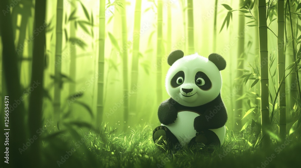 Poster delightful panda resting in a lush bamboo forest with ample space for customizable text. generative 