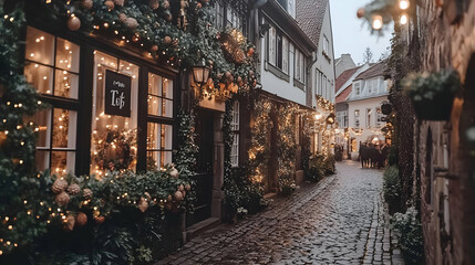 Festive cobblestone street, Christmas lights, Germany, holiday market