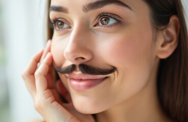 Fototapeta premium Close-up woman with mustache over upper lip. Concept of facial hair removal. Pretty face, smooth skin. Depilation epilation sugaring waxing at beauty salon. Female skincare routine.