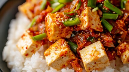 Close-up of rice with spicy kimchi stir-fry and tofu. Featuring tangy, spicy kimchi with crispy tofu. Emphasizing a flavorful, satisfying Korean-inspired dish. Ideal for kimchi recipes.