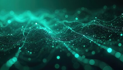 Green abstract tech backdrop, digital data flow visualization. Futuristic information processing. Innovation in science, technology, solutions, virtual environment, cybernetics. Energy dynamic system