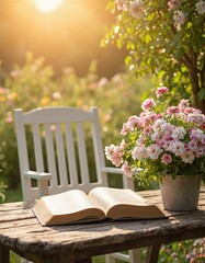 Open book on a rustic wooden table with a metal flower pot filled with pink roses in a garden. White rocking chair in the background under warm sunlight. Relaxation and reading concept.