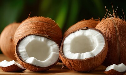 Fresh coconuts displayed on a wooden surface in natural light