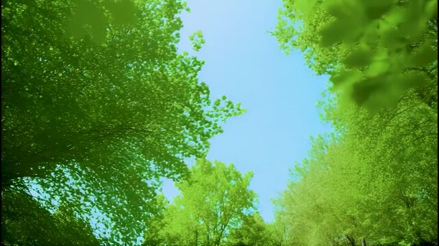 Trippy low-angle view looking up through breezy woodland trees to blue sky, with beautiful green variations, motion, texture and depth. Vacation outdoor activity meditation theme
