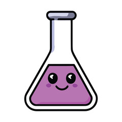 Cute kawaii school lab flask with a happy face, filled with liquid. Adorable cartoon science icon, isolated on white background. Perfect for education and chemistry designs.