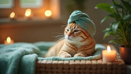 Cute cat in turban relaxes in spa bath with candles and green plants. Domestic pet enjoys beauty treatments, wellness procedures. Beauty salon, grooming, relaxation concept with aromatherapy.