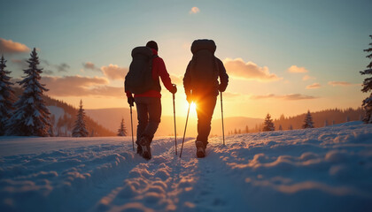 Two hikers silhouette walk with trekking poles at snowy winter sunset. People with backpacks explore snow mountains, enjoy nature, hike. Nordic walking with sticks, winter travel adventure.
