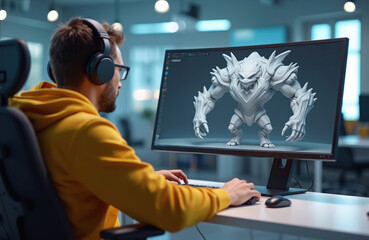 Game designer works on 3D monster character model in studio. Man in headphones creates animation, focused on digital graphic. Developer renders virtual realism, using workstation, workflow skill,