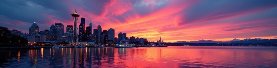 Fototapeta premium Dramatic Puget Sound sunset hues paint Seattle's iconic waterfront skyline , golden hour, Seattle