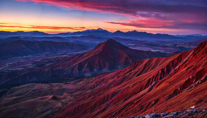 Le soleil se couche sur un paysage montagneux