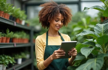 Woman uses tablet checks stock in greenhouse. African American female owner in garden center smiles, manages floral shop, trade. Gardener manages business, works with flowers, plants, green plants.