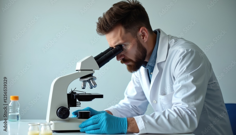 Poster bearded scientist in blue gloves looks through microscope in lab. man in white coat works in laborat