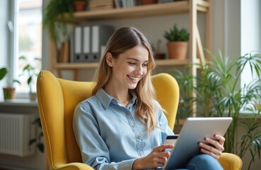 Young happy woman shopping online, paying with credit card on tablet. Blonde girl sits in yellow armchair at home. Mobile banking client satisfied by fast purchase using application.
