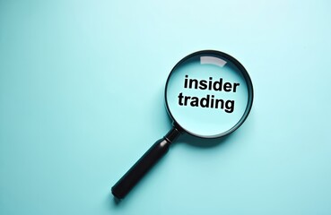 Magnifying glass over Insider Trading text on blue background. Business concept of financial crime investigation, market manipulation, illegal stock exchange activity, confidential information