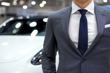 A man in a suit and tie stands in front of a white car, showcasing professionalism and style in an auto showroom setting.